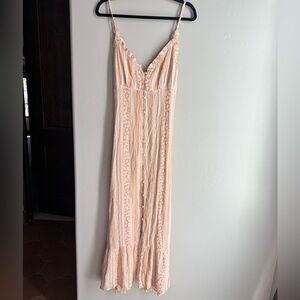 Casey Co Boho Maxi Dress Peach Cream Print Button Front Ruffle Hem Resort Style